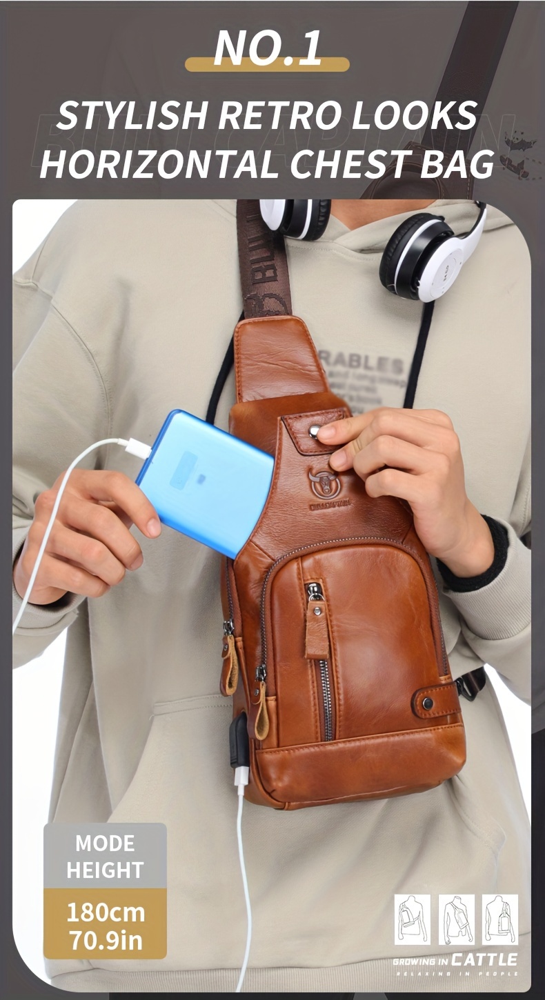 mens chest front bag trendy genuine leather multifunctional shoulder messenger bag outdoor casual large capacity satchel bag details 1