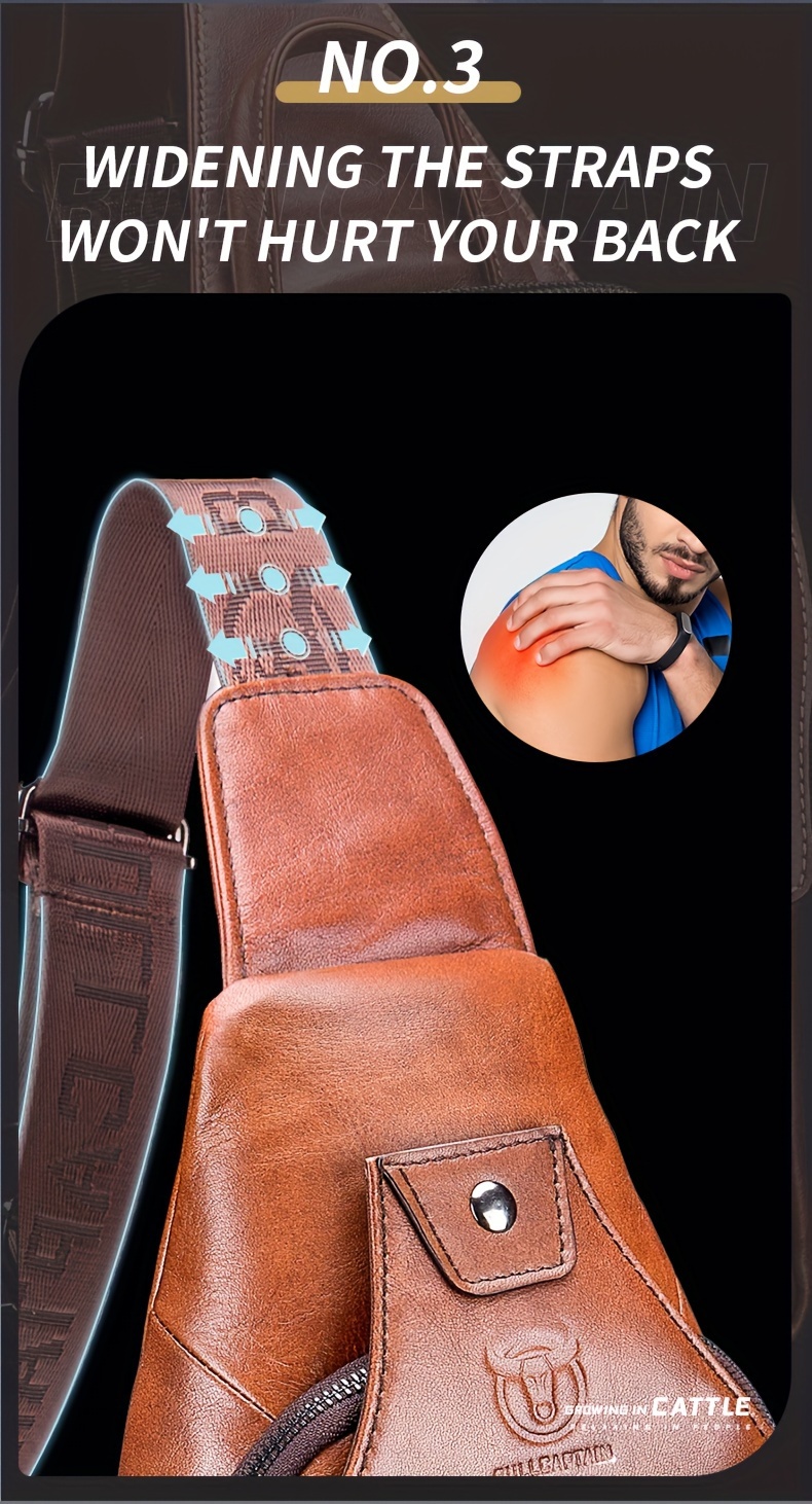 mens chest front bag trendy genuine leather multifunctional shoulder messenger bag outdoor casual large capacity satchel bag details 3