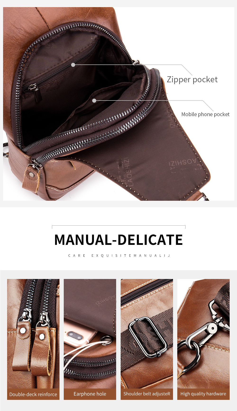 mens large capacity leather chest bag head layer cowhide chest bag retro casual style shoulder bag details 6