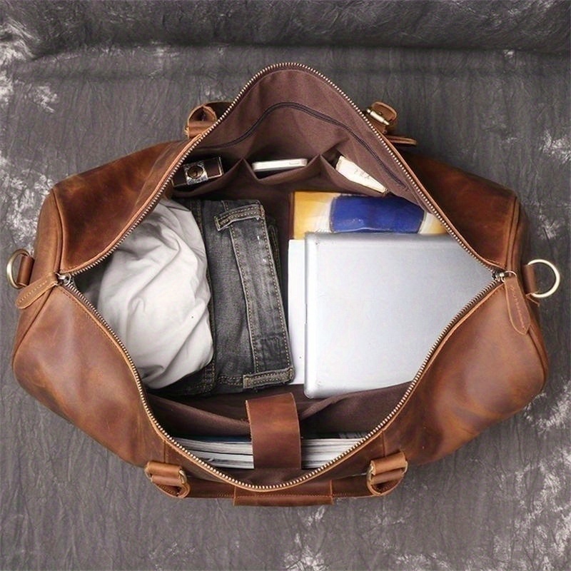 1pc mens genuine leather travel bag top layer cowhide crossbody bag large capacity duffle bag vintage hand held gym bag christmas halloween thanksgiving day gift details 7